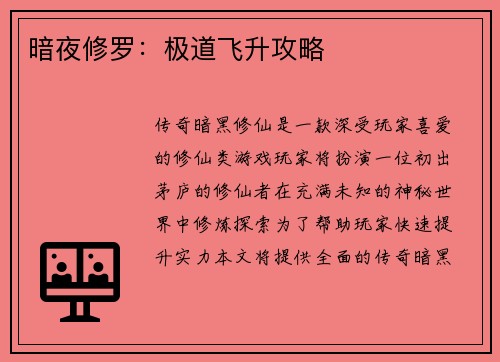 暗夜修罗：极道飞升攻略